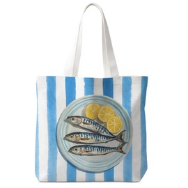 VIIJJUE Lemon Sardine Fish Beach Tote Bag, Fish Lover Gifts, Coastal Beachy Canvas Tote Bags, Blue Striped Sardine Seafood Nautical Reusable Grocery Shopping Bag