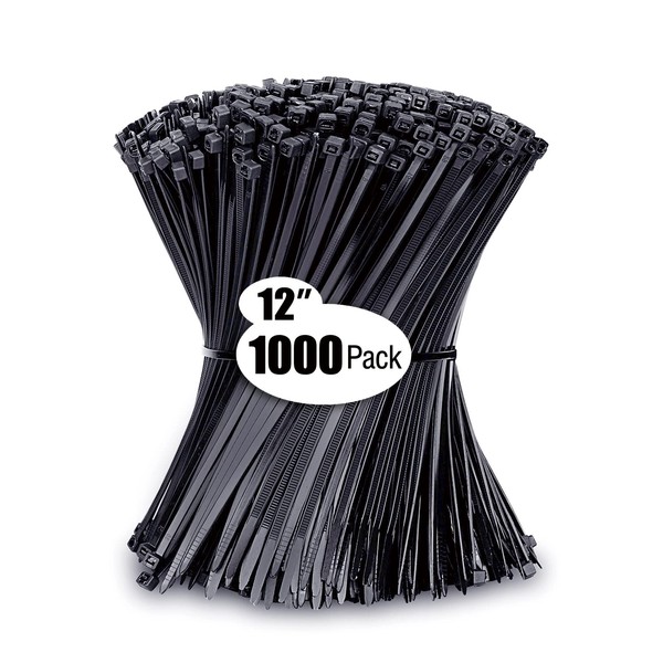 Zip Ties 12 inch (1000 Pack), Black, 50lbs Tensile Strength,