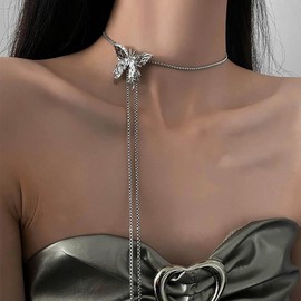 TseenYi Butterfly Y Lariat Necklace Silver Butterfly Choker Necklace Long Butterfly Y Drop Sweater Necklace Long Chain Drop Lariat Necklace Funky Long Sweater Necklace, Zinc, No Gemstone