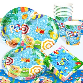 BACH AND BOOZY 51 PCS Swimming Pool Party Supplies Beach Theme Plates Napkins Beach Party Tablecloth Swimming Pool Accessories