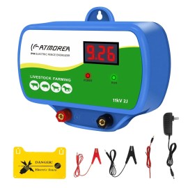 ATMOREA AC Powered Fence Charger LCD Display 2J Electric Fence Energizer for Livestock