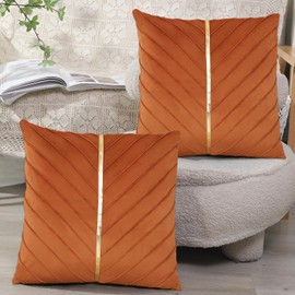 MissOwl Velvet Set of 2 Throw Pillow Covers with Gold Leather Home Decor Pillowcase Farmhouse Cushion Cover 18 x 18 Orange