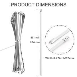 Aroono Heavy Duty Metal Zip Ties-38 inch, 304 Stainless Steel, Large Zip Ties, Supports up to 337 lbs-Ideal for Exhaust Wrap, Chain Link, Fence Parts, Wire Fence Rolls, Poultry Fence Outdoor (25PCS)