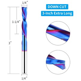 EANOSIC Down Cut Spiral Router Bit 1/4 Inch Shank, 1-1/4 Inch Cutting Length, Extra Long 3 Inch Overall Length, CNC Router Bits Set Downcut for Wood Milling Cutter