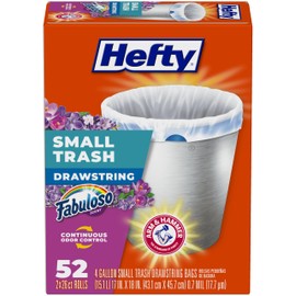 Hefty - Bolsas de basura pequeñas, aroma Fabuloso, 4 galones, 52 unidades | Drawstring Closure, 4G Small White Trash Bags for Bathrooms, Dorm Rooms, H