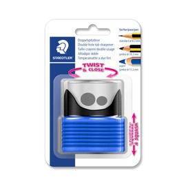 STAEDTLER 513007BK-3 Double Sharpener with Folding Bellow, Two Pointed Holes for Different Pen Formats, Blister Card with 1 Sharpener Blue/Black