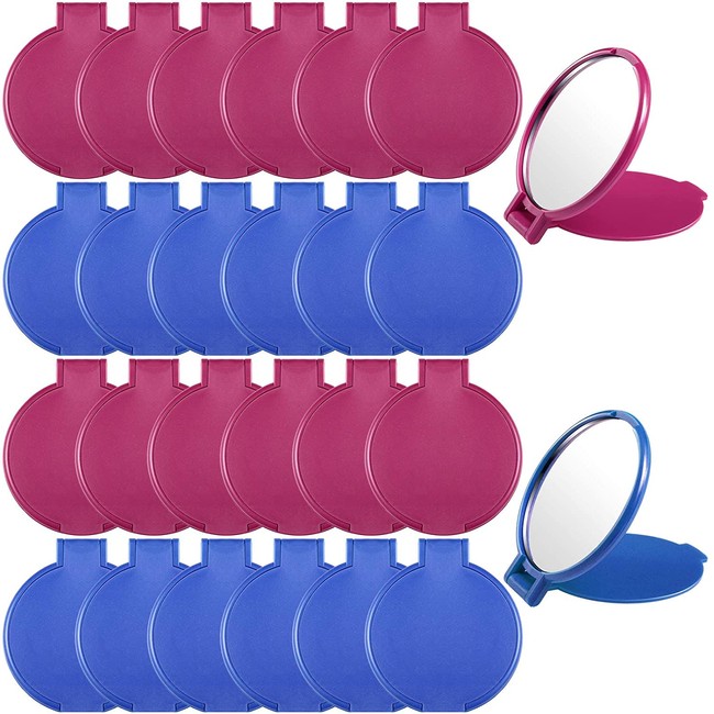 24 Pieces Mini Folding Mirror Compact Portable Round Mirror Makeup Mirror for Women Girls Travel Daily Use, 2 Colors (Purplish Red and Blue)