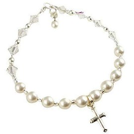 White Pearl & Silver Rosary First Communion Cross Bracelet