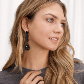 EVER FAITH Black Rhinestone Crystal Multi Teardrop Pierced Drop Dangle Earrings for Wedding Party Black-Tone