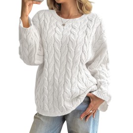 Cicy Bell Womens Oversized Cable Knit Sweaters Long Sleeve Crewneck Chunky Loose Fit Pullover Tops White