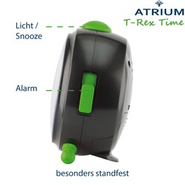 Atrium Children's Alarm Clock Boys T-Rex Time Dinosaur Black Green Analogue Quartz without Ticking with Light and Snooze A932-4