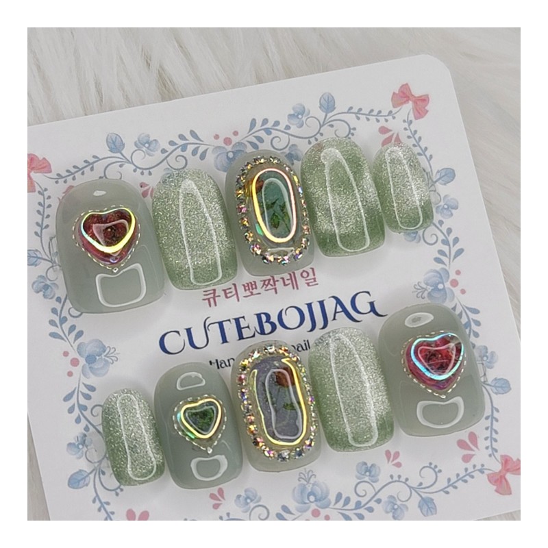 Rose Embed Handmade Nail Tips - Square L / 로즈