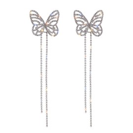 Butterfly Tassel Earrings for Women Purple Butterfly Crystal Earrings Long Butterfly Drop Dangle Earrings for Girls Tassel Threading Long Chain Earrings Jewelry Gift for Wedding