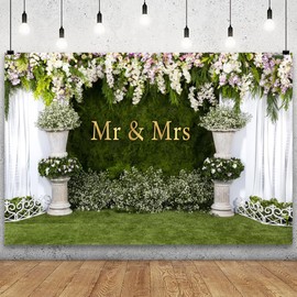 YongFoto Mr and Mrs Wedding Party Backdrop 9x6ft Floral Grass Wall White Sheer Curtain Flower Arch Photography Background Lover Marriage Proposal Bridal Shower Reception Photo Booth Props Banner
