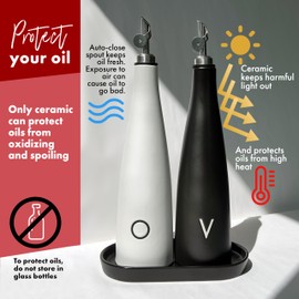 Ceramic Oil and Vinegar Dispenser Set, Premium Olive Oil Dispenser Bottle for Kitchen with Matching Vinegar Dispenser Bottle, Ceramic Olive Oil Container With Mess-free Auto Closing Spout and Tray