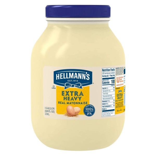 Hellmann's Extra Heavy Mayonnaise Jar, Extra Egg Yolk, Condiment for Sandwiches, Salads, Mayo Made with 100% Cage Free Eggs, Gluten Free 1 gallon 128 oz, Pack of 1