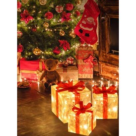 Set of 3 Christmas Lighted Gift Boxes Decorations, Pre-lit Tinsel Present Box, Light Up Xmas Tree Skirt Ornament, Indoor Outdoor Christmas Boxes Present Decorations for Home Holiday Party