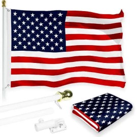 UD_G128 Combo Pack: 6 Feet Tangle Free Spinning Flagpole (White) USA American Flag 3x5 ft Printed 150D Brass Grommets (Flag Incl