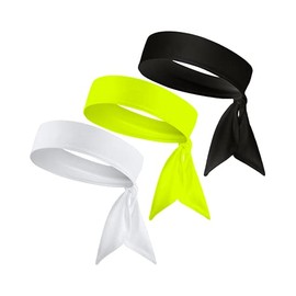 Black, White, Blue, Neon Highlighter Yellow Moisture Wicking Stretch Sports Athletic Tie Headband Head Tie 4 Pack Sweatbands Headwrap Men Women Kids Girls Boys (Volt) (Neon Yellow, White, Black)