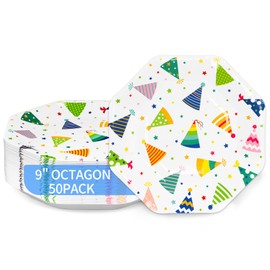 DYLIVeS Birthday Party Plates, 9" Hats off Happy Bithday Hats Dessert Plates Birthday Party Decorations Birthday Party Supplies for Girls and Boys Birthday Cocktail Party Holiday, Octagon/50 Count