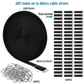 Nettbe 0.75"x39.4ft Hook and Loop Straps with 60 Buckles Adjustable Cut-to-Length Cable Ties - Reusable Nylon Fastening Tape Cable Straps for Storage or Organization (0.75in x 39.4ft)