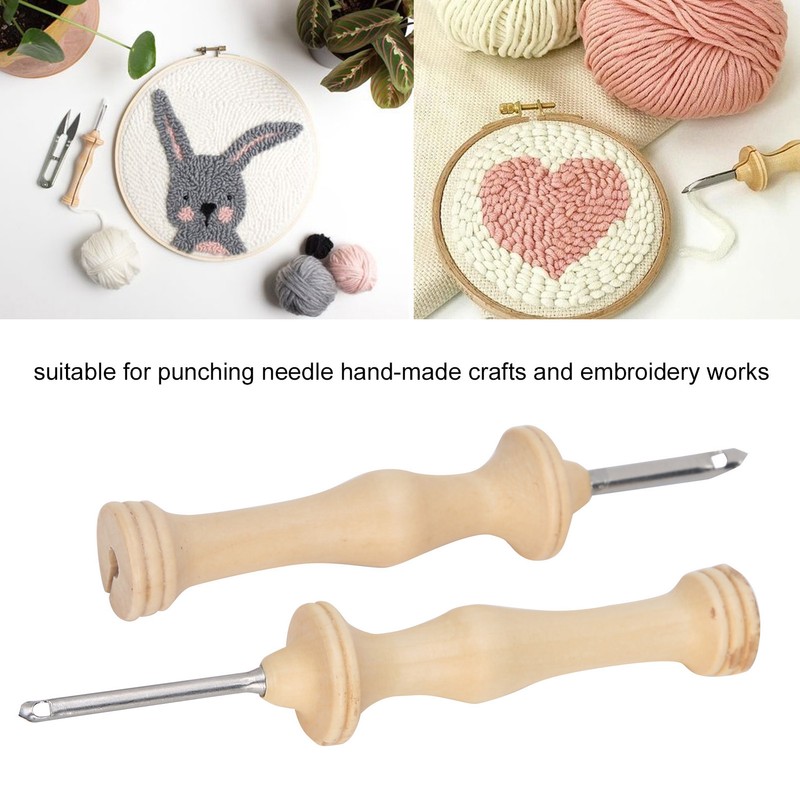 2Pcs Punch Needle Embroidery Kit Wooden Handle Yarn Needle DIY