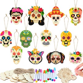 Colingmill 60 Pcs Sugar Skull Day of The Dead Wooden Craft Kit DIY Unfinished Skull Ornament Halloween Hanging Blank Craft with Rope and Coloring Pen for Dia De Los Muertos Party Decor