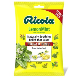 Ricola LemonMint Cough Suppressant Herb Throat Drops, Sugar Free, 45 Drops (Pack of 12), Fights Coughs Naturally, Soothes Throats