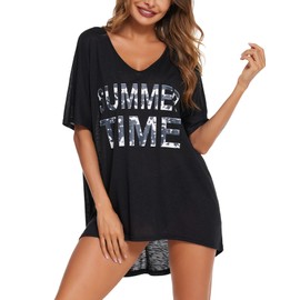 Women's Beach Dress Bikini Cover Up Summer Beach Poncho Swimwear V-Neck Beach Loose Cover Up Shirt with Print, black