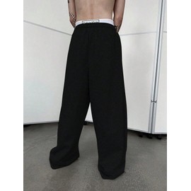 SHENHE Men's Baggy Sweatpants Wide Leg Drawstring Waist Loose Pants with Pockets Black XX-Large