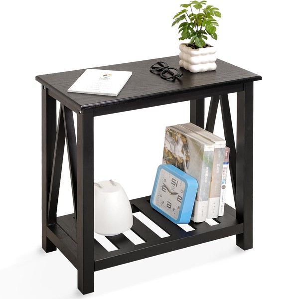 Narrow Side Table with Storage Shelf 2 Tier Wooden Nightstand