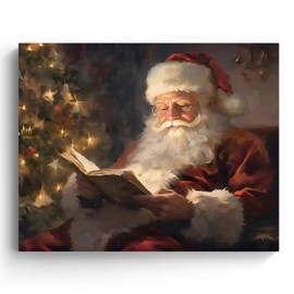Christmas Wall Art Santa Decor Classic Santa Reading by Christmas Tree Pictures Print Framed Xmas Canvas Wall Artwork for Living Room Bedroom or Entryway 24x30inch