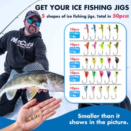 PLUSINNO Ice Fishing Jigs, Ice Fishing Lures, Glow in The Dark Jig Heads, Crappie Jigs Heads for Ice Fishing Kit, 50pcs Ice Fishing Gear with Tackle Box for Crappie Panfish Walleye Perch