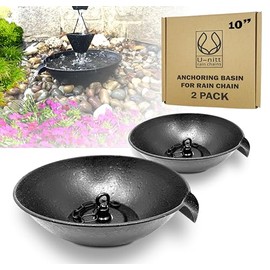 U-nitt 2PK 10" Spill Bowl Downspout Catch Basin for Rain Chain Anchoring Stake | Rainwater Collection for Roof |Gutter Catch Basin | Good for Water Fountain & Birdbath | Black | Handles Heavy Rain