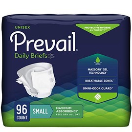 Prevail Incontinence Briefs, Unisex, Maximum Absorbency, Small (20" - 31"), 96 Count