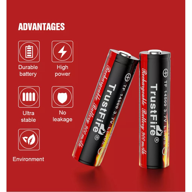 TrustFire 900mAh 14500 3.7V Li-ion Rechargeable Battery With PCB Batteries