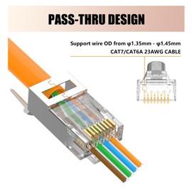 LEENUE RJ45 Connector CAT 7 Pass Through, Network Connector CAT7 CAT6A for Installation Cables, LAN Connector with Kink Protection, Shielded, Orange, Pack of 10