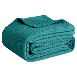 100% Cotton Blankets for Throw Size Bed - Waffle Weave Blankets for Summer, Lightweight and Breathable Soft Woven Blanket for Spring (Teal, Throw (50" x 60")