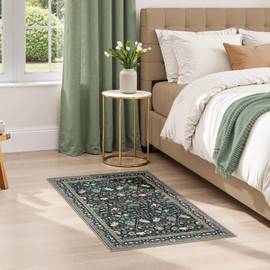 UERMEI 2x3 Area Rug Living Room Rugs - Washable Boho Vintage Floral Large Soft Non Slip Thin Rug Low Pile Carpet for Bedroom Dining Room Kids Playroom Office Decor Indoor- Black Blue