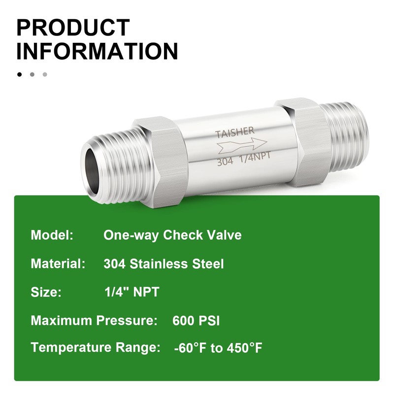 TAISHER 1PCS 304 Stainless Steel 1/4" NPT Male Check Valve,Backflow