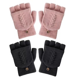 YSense Womens Winter Gloves, 2 Pack Warm Knitted Convertible Fingerless Gloves for Women Gifts with Mittens Cover Cap