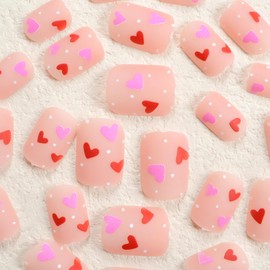 OHWODA Pink Valentine’s Press on Nails Short Square Valentine’s Day Fake Nails with Red Pink Small Hearts Designs Glossy Pink Valentine’s Acrylic Nails Full Cover Hearts False Nails for Women 24Pcs