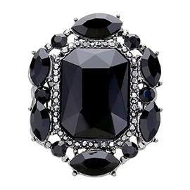 Rosemarie & Jubalee Women's Stunning Statement Emerald Cut Glass Crystal Stretch Band Cocktail Ring (Jet Black Crystal Hematite Tone)