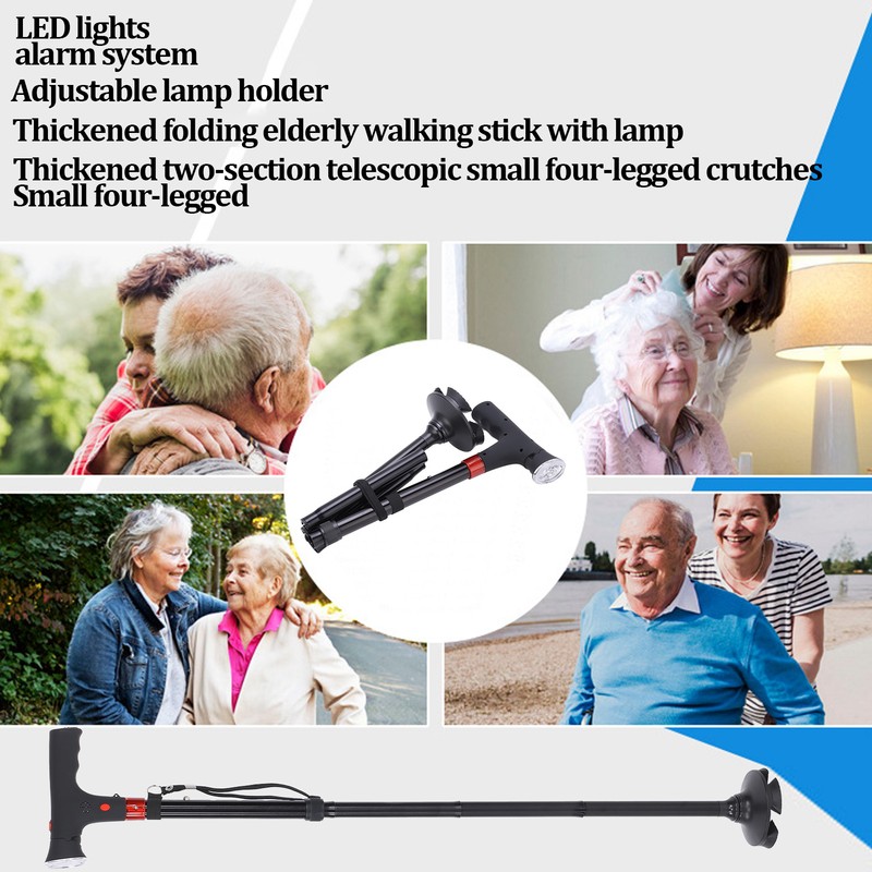 Aluminum Alloy Folding Light Cane Elderly Four‑legged with Lamp Non‑slip