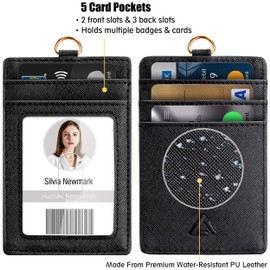 ID Badge Holder with Lanyard, Vertical PU Leather ID Badge Card Holder with 1 Clear ID Window, 4 Credit Card Slots and a Detachable Neck Lanyard (Black)
