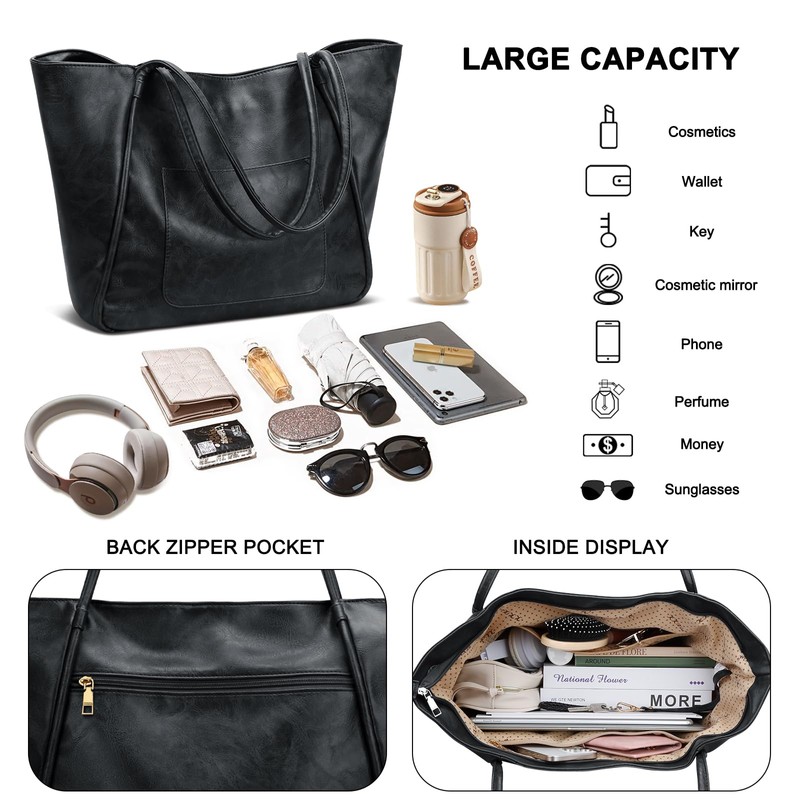 KKXIU Large Tote Bag for Women with Zipper Work Leather