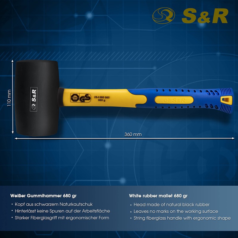 S&R Rubber Hammer Black 65 mm, 680g with Ergonomic Shaped