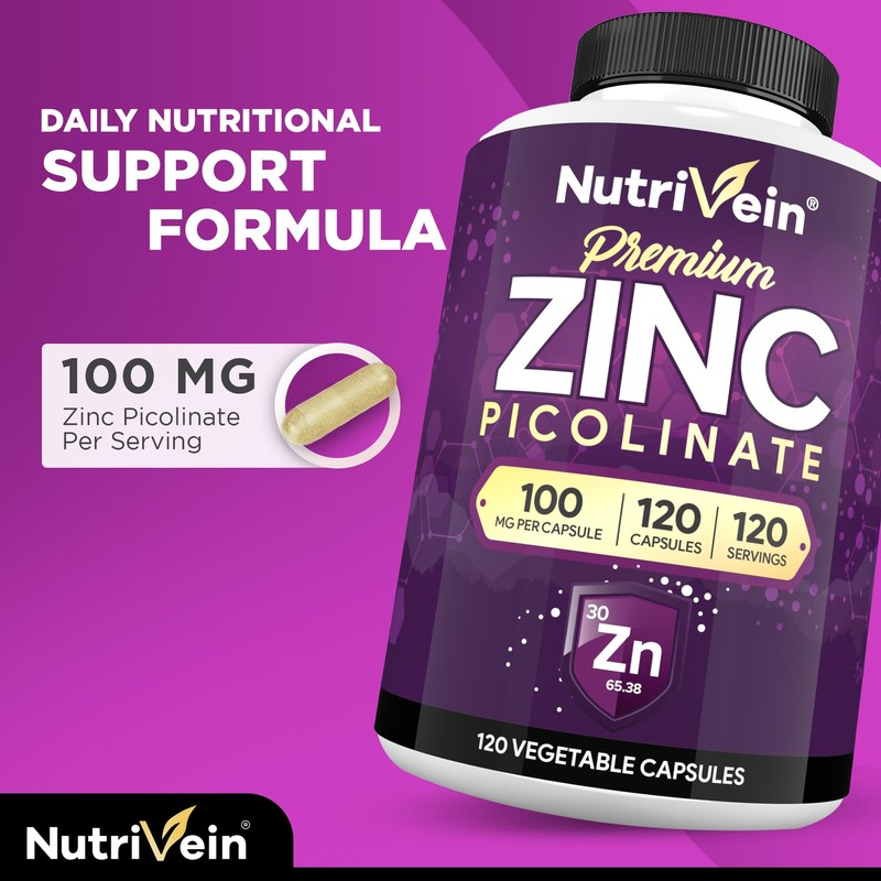 Nutrivein Premium Zinc Picolinate 100mg - 120 Capsules for Adults: