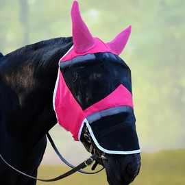 DayoVortex Fly Masks for Horses with Ears and Nose Cover - Comfortable Horse Fly mask with Ears for UV Protection & Sun Shield – Soft Lightweight- Breathable Horse mask(Rose red, (Cob) Medium)