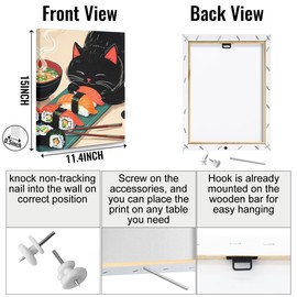 Funny Cat Canvas Wall Art, Vintage Japanese Cat Eating Sushi Framed Art Paintings Wall Decor Unique Gifts And Animal Lover Prints Picture for Living Room Dining Room Kitchen Farmhouse Decor 11.5x15In